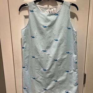 Elegant Blue Whale seersucker woman’s shift dress embroidered whales